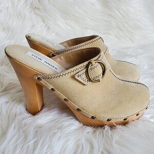Steve Madden Faris Suede Vintage Studded Clogs Mules Wooden Heels SZ 8